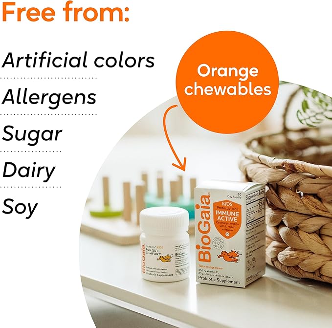 BioGaia Immune Active Kids | Probiotic + Vitamin D | for Digestive & Immune Health | Ages 3+ | Allergen, Dairy, Soy & Gluten Free | Trusted By Pediatricians | 30 Day Supply | Orange Flavored Chewable