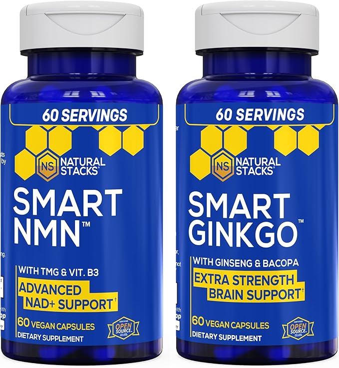 NATURAL STACKS Smart Ginkgo Biloba & Smart NMN Supplement Bundle - Extra Strength Brain Support & NAD+ Support* - 120 Total Capsules