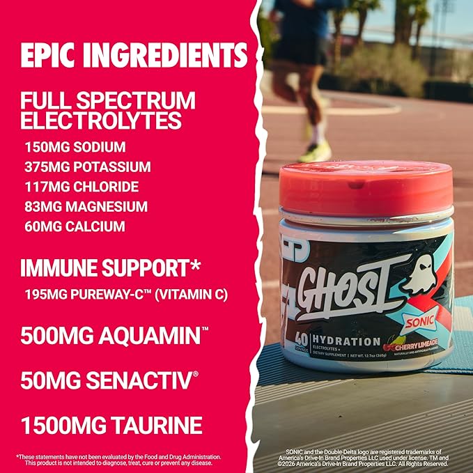 GHOST Hydration Tub, Electrolyte Powder, Sonic Cherry Limeade - Sugar Free Instant Electrolyte Drink Mix - Caffeine-Free Daily Hydration & Immune Support with Clean Formula - 40 Servings