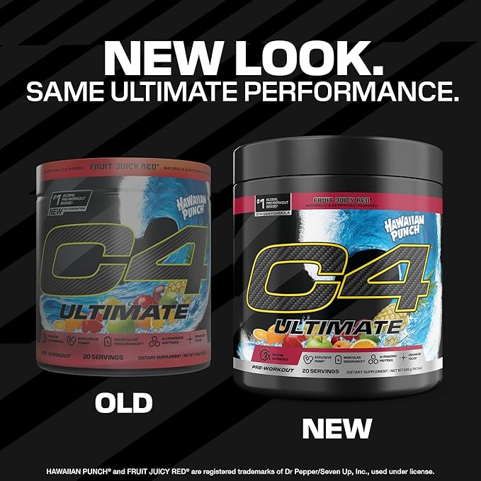 C4 Ultimate Pre Workout Powder - Sugar Free Preworkout Energy Supplement for Men & Women - 300mg Caffeine + TeaCrine + Dynamine + Creatine - Hawaiian Punch Fruit Juicy Red, 20 Servings