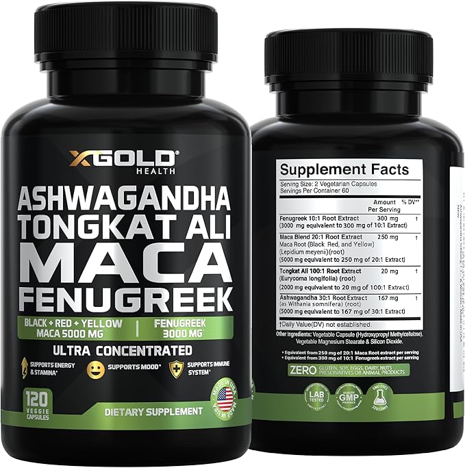 Ashwagandha 30:1 + Tongkat Ali 100:1 + Maca Root 20:1 + Fenugreek 10:1 Extract Supplement for Men & Women | High Potency Herbal Complex | Energy, Vitality & Performance Support | Made in USA