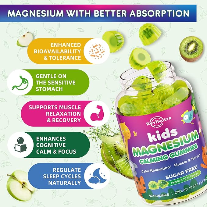 2 Pack Kids Magnesium Gummies - Magnesium Glycinate Gummies for Kids & Adults with L-Theanine, Chamomile, Licorice, Vitamin D, B6 for Sleep, Relaxation, Brain & Muscle - Sugar Free Apple & Kiwi