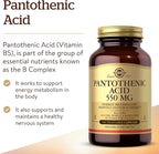 Solgar Pantothenic Acid 550 mg Vegetable Capsules Vitamin B5 Energy Metabolism Nervous System Support Gluten Free Dairy Free Kosher Servings, Standard Packaging, 100 Count