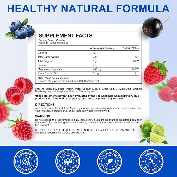 Magnesium Glycinate Gummies 400mg, for Women and Men, Body Support and Relaxation, 60 Gummies