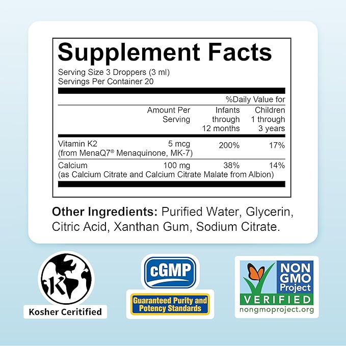 Nature's Nutra Strong Calcium, Plus MenaQ7 K2, Premium Liquid Calcium for Baby, Infant and Children, Natural Flavor, Non-GMO, Kosher, 2 Fl. Oz (60ml)