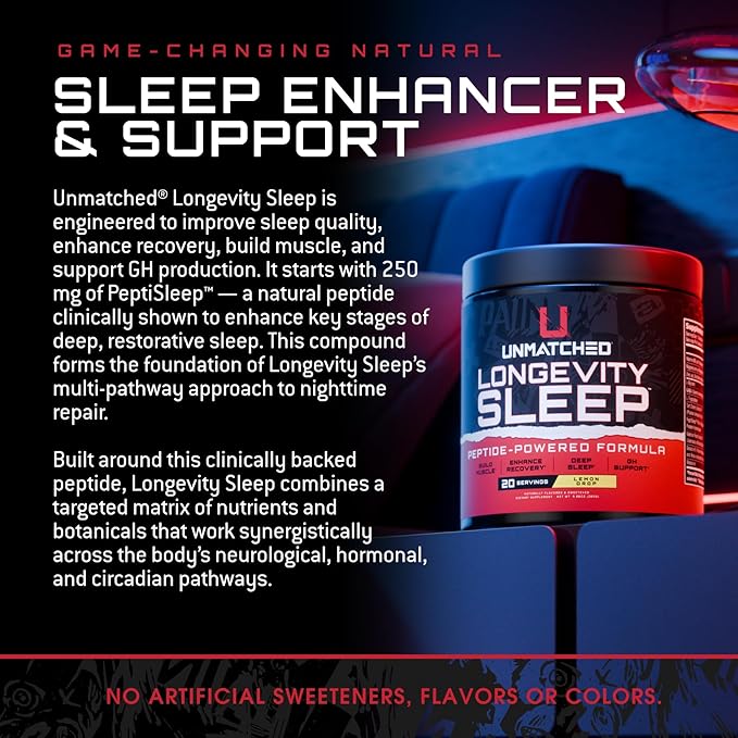 Unmatched Longevity Sleep | PeptiSleep Sleep & Recovery Formula with Melatonin, Magnesium & Senactiv | Advanced Nighttime Support | 20 Servings (Lemon Drop)