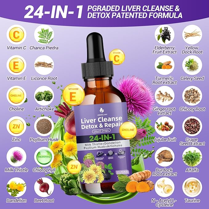 Liver Cleanse Detox & Care Liquid Drops - 24-in-1 Milk Thistle Supplement 5000mg Eq. with Artichoke, Dandelion & Chanca Piedra - Vegan Liver Support for Women & Men - Alcohol Free, 2 Fl Oz