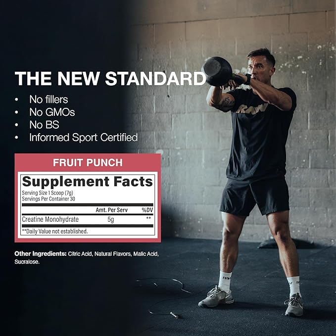 RAW Nutrition Creatine Monohydrate Powder, Fruit Punch (30 Servings) - Micronized Creatine Monohydrate Supplement for Workout Performance, Build Muscle & Strength - Creatine Powder for Men & Women