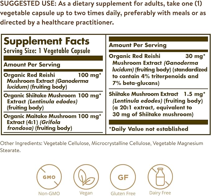 Solgar Multi-Mushroom Complex, 50 Vegetable Capsules - Reishi, Shiitake, Maitake Mushroom Extract - Natural Source of Beta Glucans - Non-GMO, Vegan, Gluten Free, Dairy Free - 50 Servings