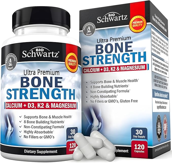 BioSchwartz Bone Strength Supplement - Gentle Non-Constipating Bone Health Supplement for Women & Men with 9-in-1 Complex with Calcium Magnesium Zinc D3 K2 & More - 3rd Party Tested - 1 Month
