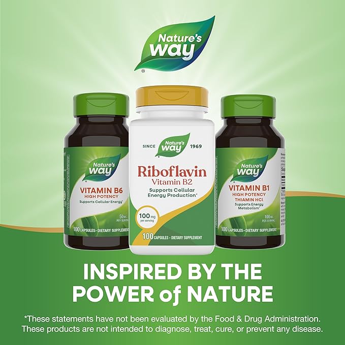 Nature's Way Riboflavin Vitamin B2, Supports Cellular Energy Production*, High Potency Riboflavin, 100 mg per Serving, 100 Capsules (Packaging May Vary)