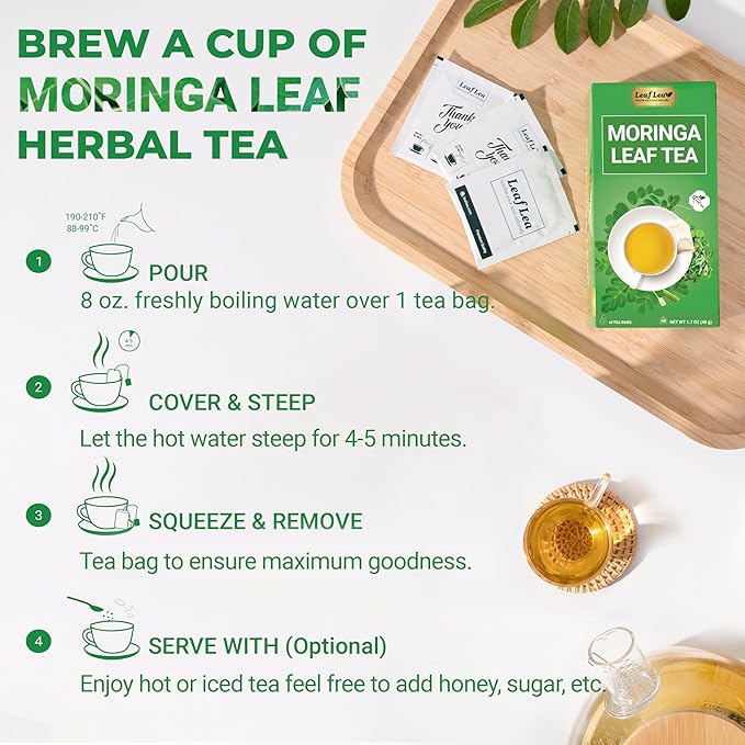 LeafLea 40 Moringa Tea Bags, 100% Natural and Pure Moringa Leaf Herbal Tea, Supports Digestion and Immune Health, Caffeine-Free, Sugar-Free, Vegan, Individually Wrapped for Freshness