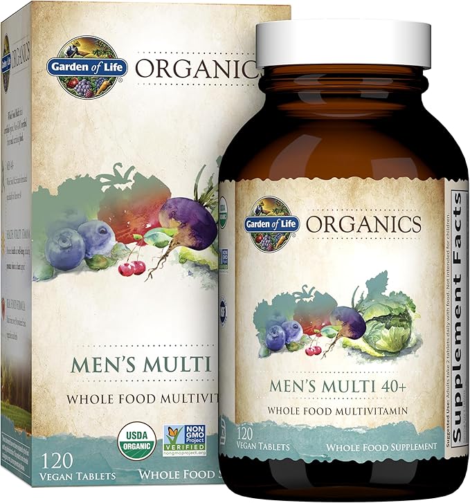 Garden of Life Organics Men's 40+ Multivitamin with Prostate Support, B12 & Vitamins – Vegan Daily Whole Food Multivitamin, Non-GMO, Certified Organic, 120 Tablets