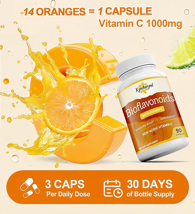 Vitamin C with Bioflavonoids Supplement for Immunity* & Antioxidant & Skin - Blend of VIT C 1000mg and Citrus Bioflavonoids 1100mg, Non-Acidic Acerola Cherry Vitamin C, Vegan, 180 Capsules