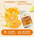 Vitamin C with Bioflavonoids Supplement for Immunity* & Antioxidant & Skin - Blend of VIT C 1000mg and Citrus Bioflavonoids 1100mg, Non-Acidic Acerola Cherry Vitamin C, Vegan, 180 Capsules