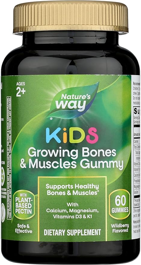 Nature's Way Kids Growing Bones & Muscles Gummy, Supports Healthy Bones & Muscles*, Calcium, Magnesium, Vitamins D3 & K1, Ages 2+, Wildberry, 60 Gummies