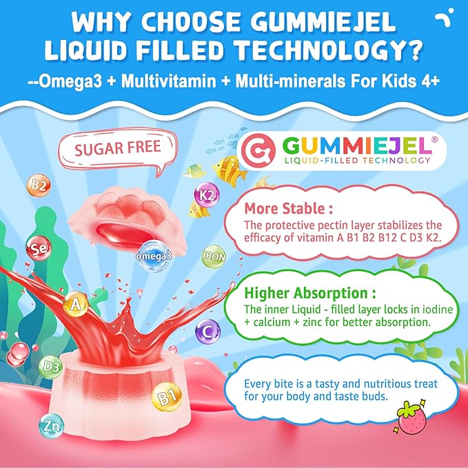Nextdia Omega 3 (EPA/DHA) Filled Gummies for Kids Teen with Multivitamin, Calcium + D3 + K2 + Zinc, Plus Vitamin A B1 B2 B12 C, Selenium, Iodine for Brain, Eye, Bone, Energy, No Fish Taste, Sugar Free