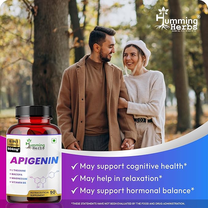 Humming Herbs Apigenin 504mg 6-in-1 Brain & Wellness Supplement with L-Theanine, Bacopa, Magnesium, Vitamin B6, Piper Nigrum – 90 Vegan Capsules