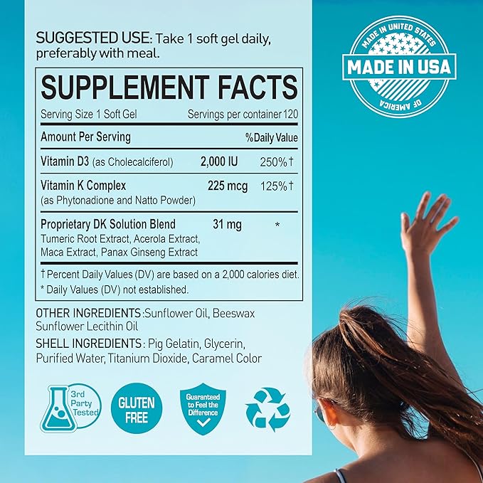 NANOWELL DK Solution 120 Softgels X 2 Bottles (Vitamin D3 + K Complex) - Dietary Supplement for Bone, Teeth and Muscle Health, Immune Support (240 Count)