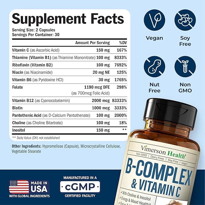 Vitamin B Complex with Vit C & Folic Acid (Folate) - 8 High Potency B Vitamins: B1, B2, B3, B5, B6, B7, Vitamin B12 + Biotin, Choline & Inositol. Aids Mood, Energy, Nervous System & Immune Support