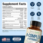 Vitamin B Complex with Vit C & Folic Acid (Folate) - 8 High Potency B Vitamins: B1, B2, B3, B5, B6, B7, Vitamin B12 + Biotin, Choline & Inositol. Aids Mood, Energy, Nervous System & Immune Support