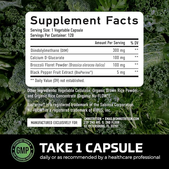 DIM Supplement for Men 300mg | Estrogen Blocker & Aromatase Inhibitor | Extra Strength Men’s Hormone Balance & Fitness Booster with Diindolylmethane Plus CDG & Broccoli Floret | Gluten-Free | 120 Ct