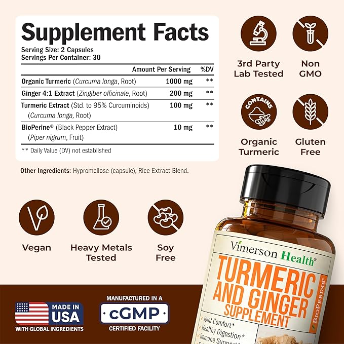 Turmeric Curcumin Supplement with Ginger Root for Joint Support, Digestive & Gut Health - Contains Organic Turmeric Curcumin with Black Pepper (Bioperine) for Enhanced Absorption - 60 Capsules