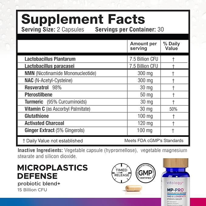 MP-PRO Microplastics Defense | 15 Billion CFU Probiotic + Antioxidant Blend | NMN, NAC, Glutathione, Resveratrol & Charcoal | Supports Cellular Detox, Longevity & Gut Health – 60 Capsules