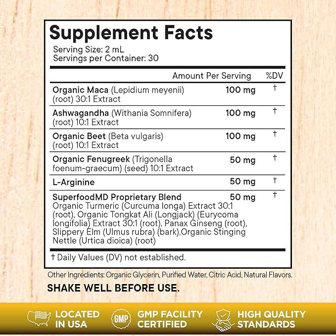 Superfood MD Maca Root Liquid Drops with Ashwagandha, Nettle, Fenugreek, Beet Root and L-Arginine Liquid Multivitamin for Women and Men - 2oz