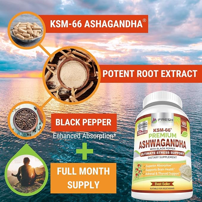 FRESH HEALTHCARE Ashwagandha Capsules KSM-66 1200mg Pure Root Extract with Black Pepper for High Absorption - Potent Ashwagandha Supplement - 60 Vegan Capsules