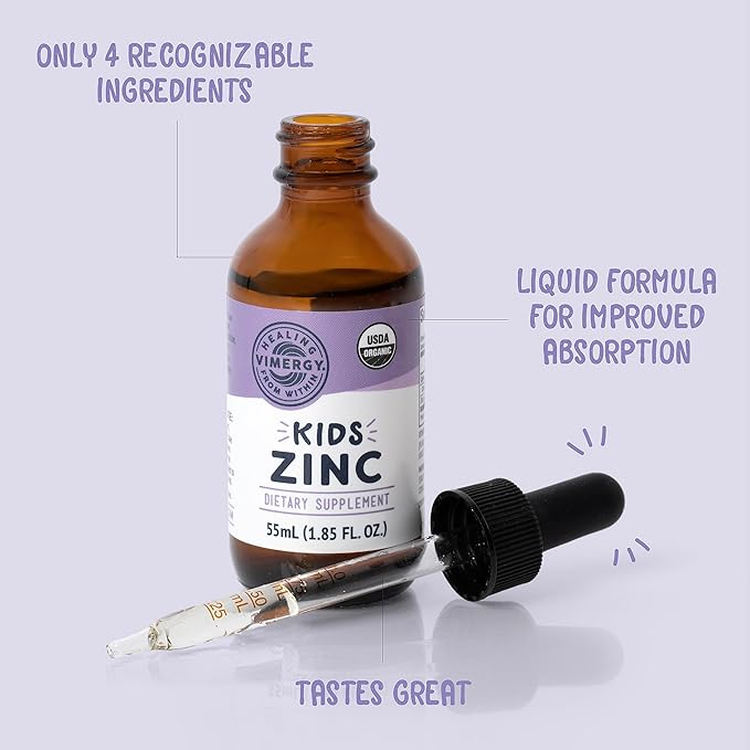 VIMERGY Kids USDA Organic Liquid Zinc Sulfate – for Children & Adolescence 1-18 Years Old, Fast-Absorbing Immune Support* – Promotes Healthy Bones, Hair & Skin. Kosher, Vegan, Non-GMO – 55 mL