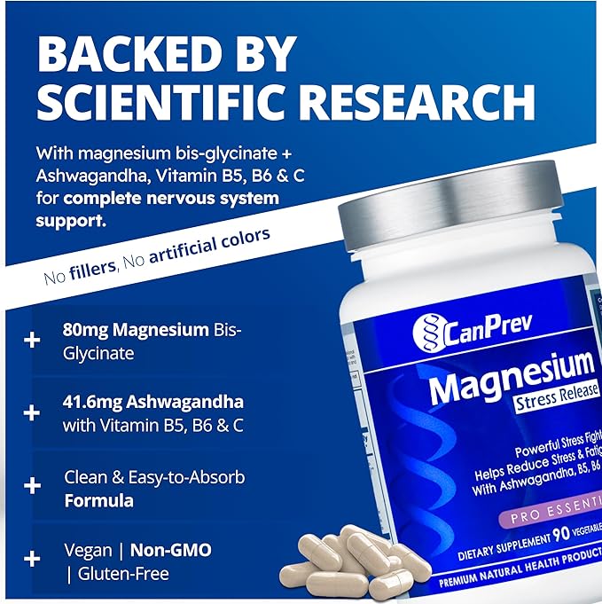 CanPrev Magnesium Bisglycinate with Ashwagandha, B5, B6 & Vitamin C, 90 Veg Caps, 30-Day Supply, Support Restful Nights & Relaxation, Helps Energy & Immnue Function, Vegan, Non-GMO, Dairy, Soy, Gluten
