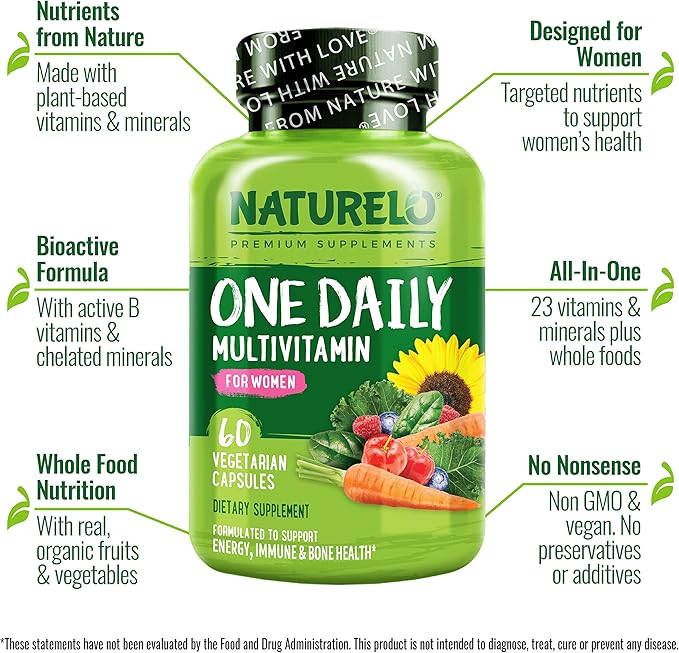 NATURELO One Daily Multivitamin for Women w/Vitamin B12, 60 Ct, Energy Support, Whole Food Daily Women Multivitamin Supplement, Nourish Hair/Skin/Nail, Non-GMO, No Soy, Gluten Free, 2 Month Supply