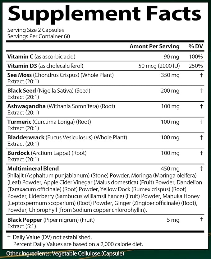 Sea Moss Black Seed Oil Ashwagandha Ginger, Organic Sea Moss Capsules with Burdock Root, Irish Seamoss Pills with Bladderwrack, Turmeric, Shilajit, Multimineral Supplement, USA (120 Capsules)
