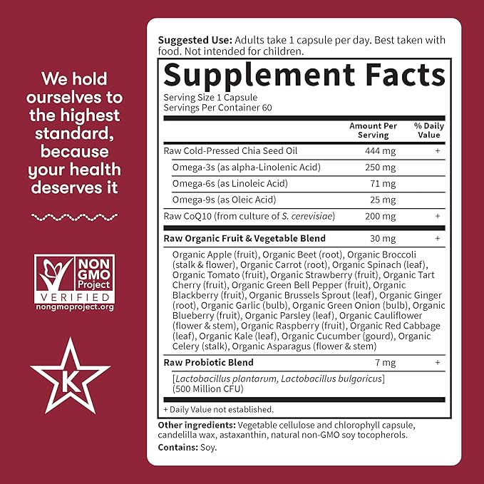 Garden of Life CoQ10 200mg, Vegetarian Omega 3 6 9 Supplement Raw Co Q 10 Chia Seed Oil, Whole Food Nutrition with Antioxidant Support, Coenzyme q10 Supplement for Heart Health, 60 Capsules