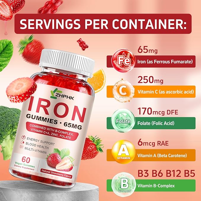 Iron Supplement Gummies, 65mg Iron for Women Men Kids, Natural Vegan Iron Gummy with Folate Gentle on Stomach, Gluten Free, Energy Support & Immune Health, 60 Gummies