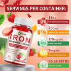 Iron Supplement Gummies for Women, Men & Kids, 65mg Iron & 250mg Vitamin C per Serving - Healthy Blood, Energy & Immune Support Iron Vitamin Gummy with Folate, 2 Pack
