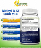 aSquared Nutrition Vitamin B12-5000 MCG Supplement with Methylcobalamin (Methyl B-12) - Max Strength Vitamin B 12 Support to Help Boost Natural Energy, Benefit Brain & Heart Function - 120 Tablets