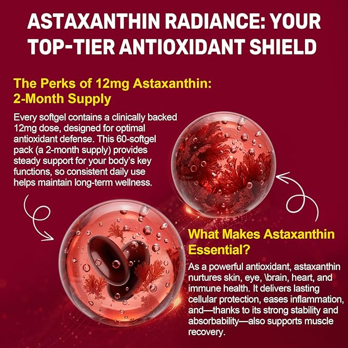 BEWORD Astaxanthin 12mg with MCT Oil, 60/120 Softgels 2-Month Supply | Premium Antioxidant Supplements | Natural Microalgae, Triple Strength | Supports Skin & Eye Health | Non-GMO, Gluten & Soy-Free