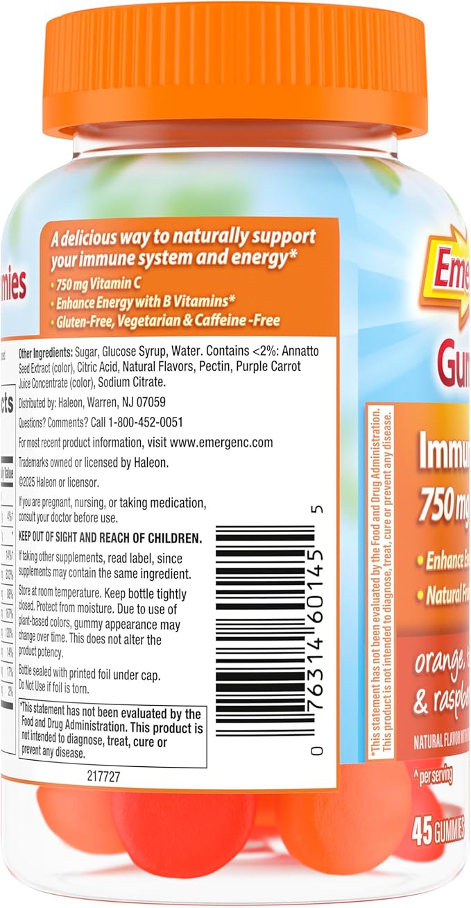 Emergen-C 750mg Vitamin C Gummies for Adults, Immunity Gummies with B Vitamins, Gluten Free, Orange, Tangerine and Raspberry Flavors, Back to School Essentials - 45 Count