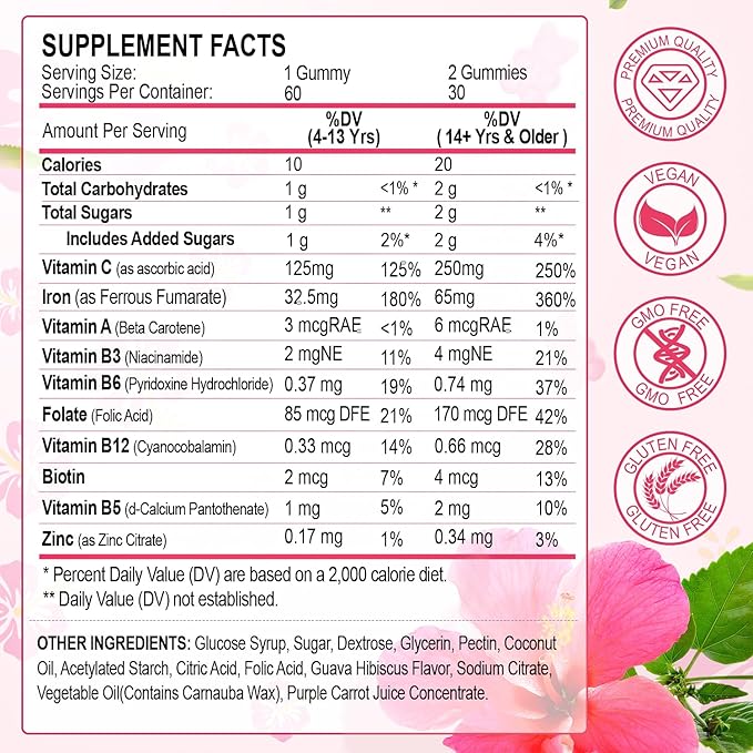 Iron Gummies Vitamin Supplement 65mg & Vitamin C 250mg per Serving with B6 B12 Folate- Energy Support for Iron Deficiency, Anemia, Vegan Guava Hibiscus Flavor, 60 Count