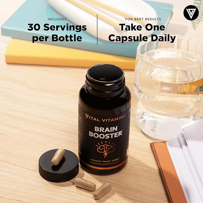 Vital Vitamins Brain Supplements for Memory and Focus (3 Pack) – Nootropic Brain Booster with Ginkgo Biloba, Rhodiola, B12 – Caffeine-Free Support for Adults & Seniors – 90-Day Supply