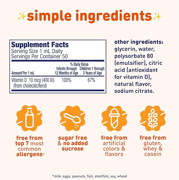 Enfamil Baby Vitamin D-Vi-Sol Liquid Supplement Drops for Infants, Supporting Strong Teeth & Bones in Newborn Babies, Easy-to-Use, Gluten-Free, 50 Day Supply, Dropper Bottle