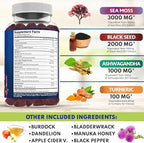 Sea Moss Gummies, Sea Moss, Black Seed, Ashwagandha, Turmeric, Manuka Honey, ACV, Dandelion, Black Pepper, Burdock, Bladderwrack, Vegan- 180 Count