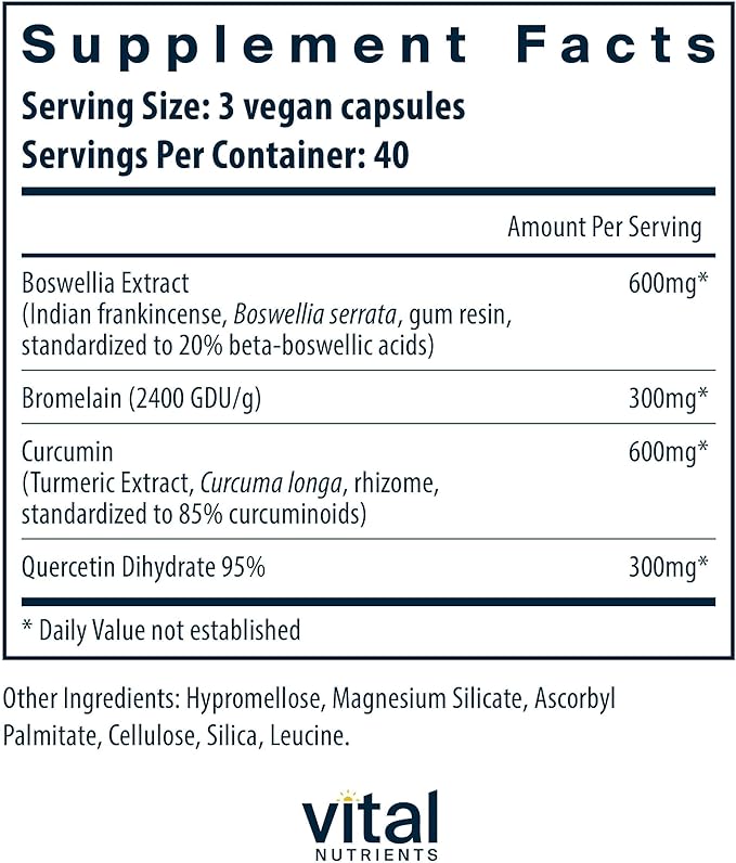 Vital Nutrients BCQ - Vegan Boswellia, Bromelain, Curcumin & Quercetin Supplement - Joint Support Supplement - Supports Sinus & Digestive Health - Gluten, Dairy, Soy Free - 120 Capsules