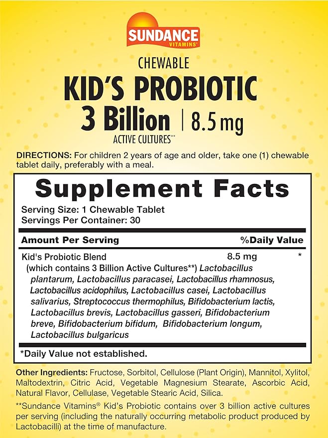 Sundance Kid's Chewable Probiotic | 30 Tablets | 3 Billion Active Cultures | Berry Flavor | Vegetarian, Non-GMO, and Gluten Free Supplement
