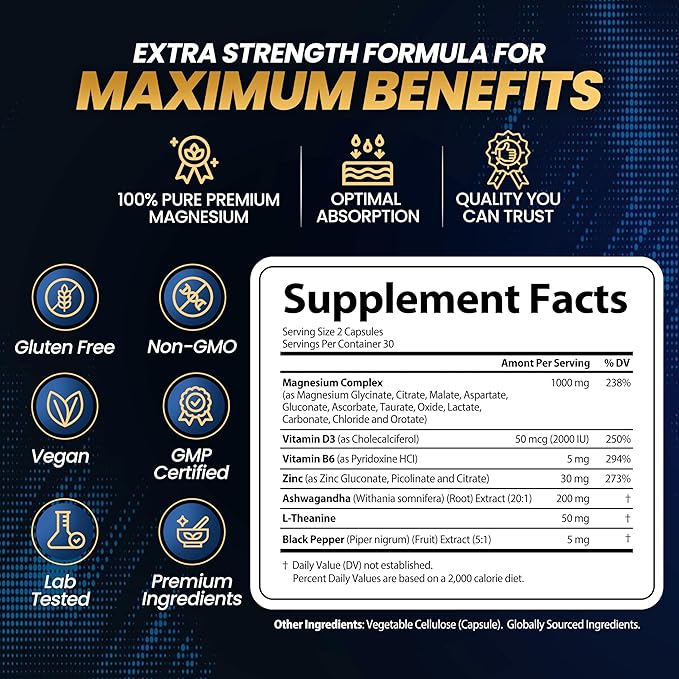 1000mg Magnesium Complex for Women and Men, 12 in 1 Magnesium Supplement with Ashwagandha, Zinc, D3, L-theanine. Easy to Swallow, High Absorption, Sleep Support & Stress Relief (60 Capsules)