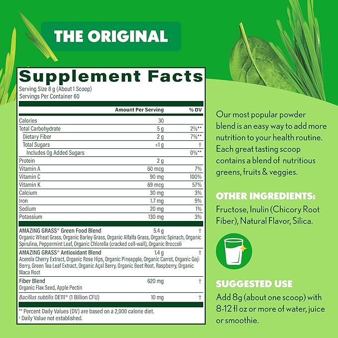 Amazing Grass Greens Blend Superfood: Super Greens Powder with Spirulina, Chlorella, Beet Root Powder, Digestive Enzymes, Prebiotics & Probiotics, Original, 60 Servings (Packaging May Vary)