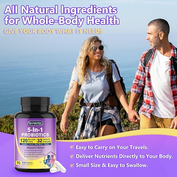 DRFOSTER Probiotics for Women & Men Digestive Health，120 Billion CFUs, Prebiotics and Probiotics for Gut Health, D3, Zinc & Immune Support Herbs, Detox Cleanse, 45 Day - 3 Month Supply