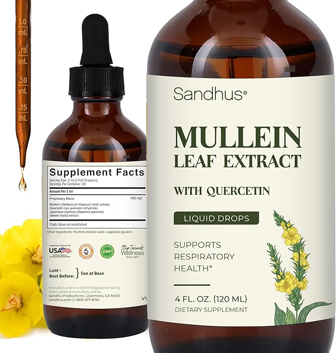 Sandhu's Mullein Drops for Lungs | Mullein Leaf Extract Supplement for Immune, Lung & Respiratory Health Support | Alcohol Free, Natural Herbal Tincture | 4 fl oz, 2 Months Supply